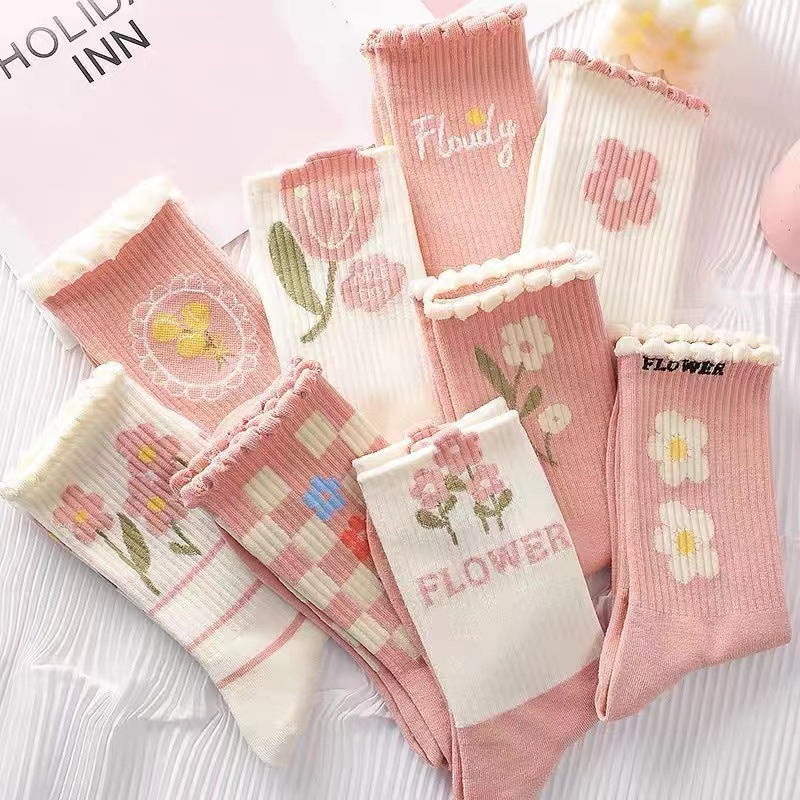 Cute Pink Floral Crew Socks for Women | Soft Cotton Patterned Socks