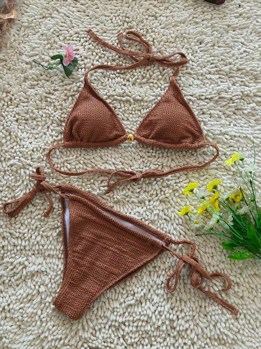 Crochet Halter Tie-Side Bikini | Brown Women's Beach Swimwear