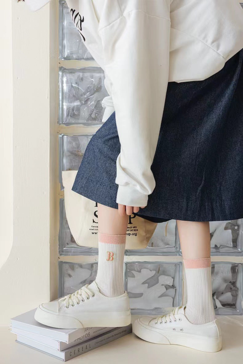Cotton Crew Socks for Women | Preppy Pastel Embroidered Mid Calf