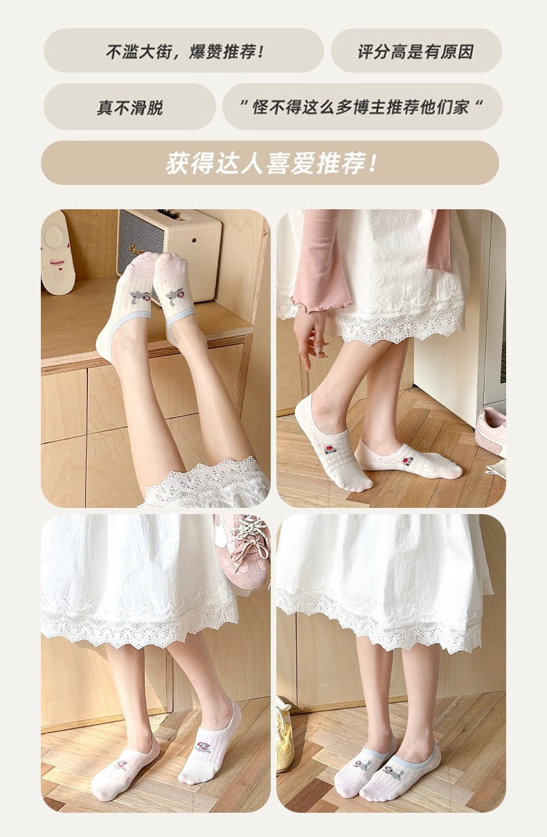 Cute Cotton No-Show Socks for Women | Non-Slip Cat Print