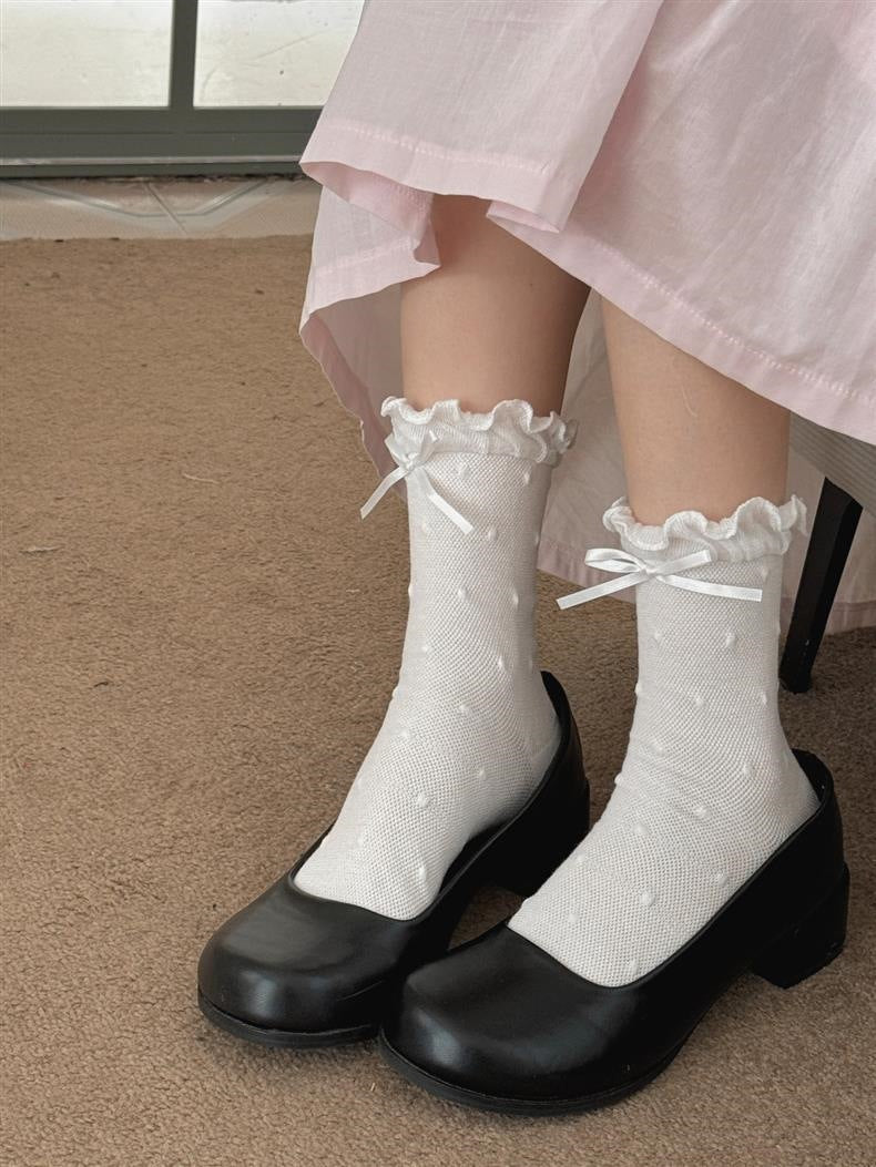 Ruffled Polka Dot Crew Socks for Women | Breathable Bow Socks