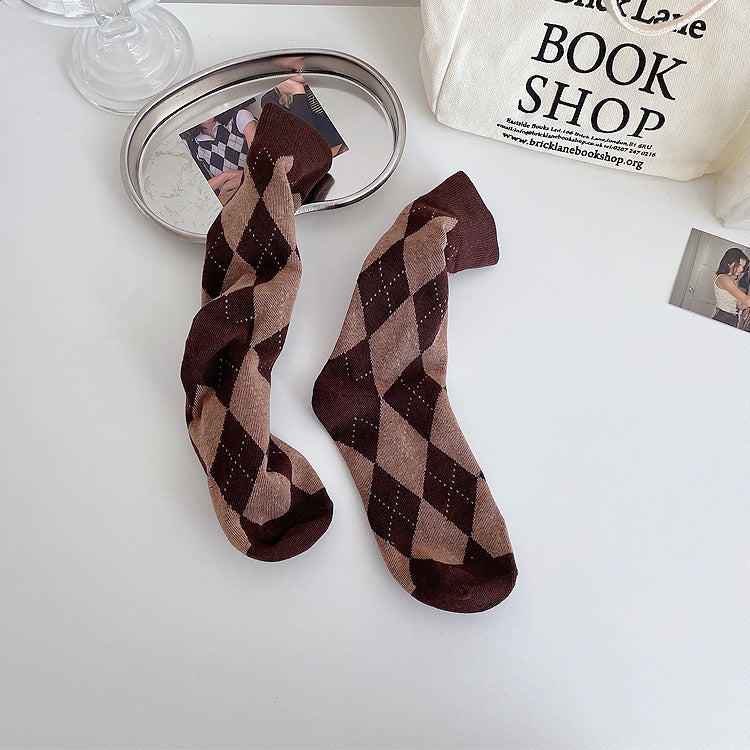 Argyle Patterned Crew Socks for Women | Trendy Slouch Mid-Calf Socks