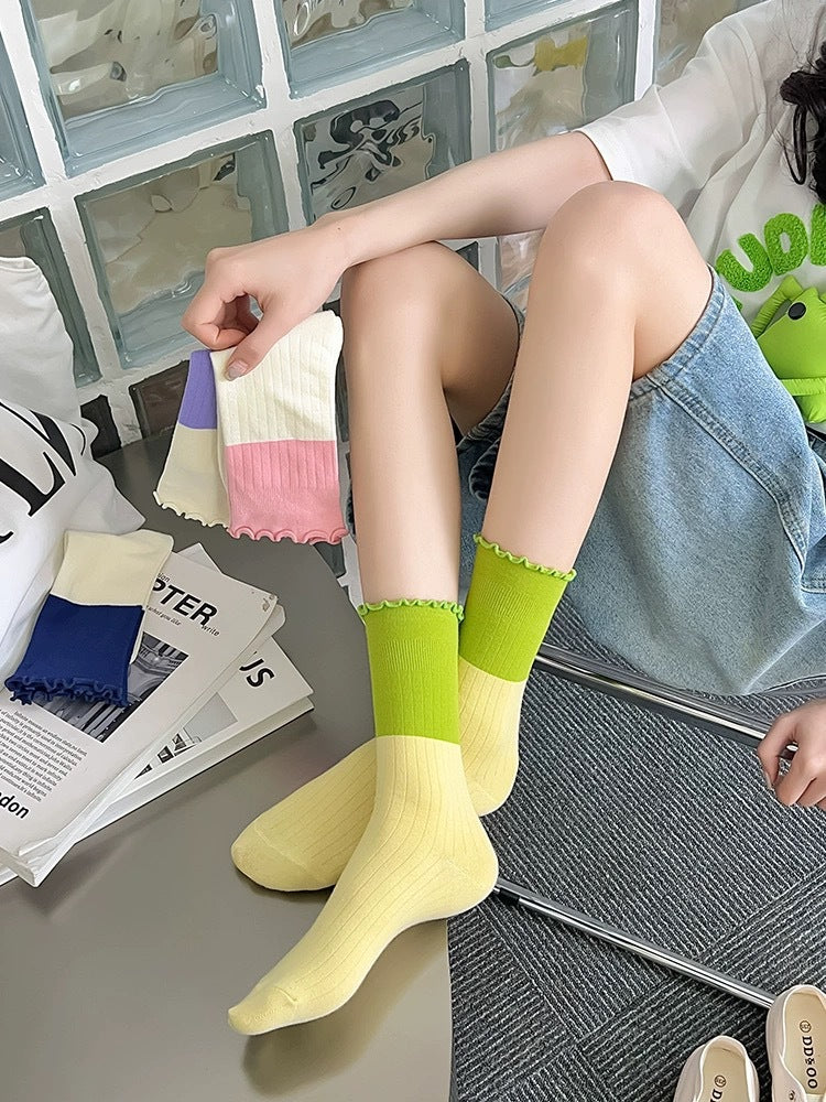 Cute Colorblock Ruffled Cotton Crew Socks for Women