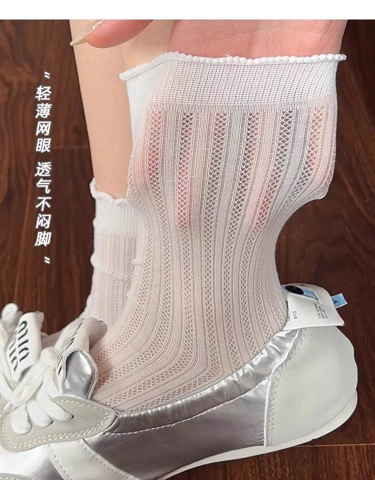 Lace Trim Crew Socks for Women | Breathable Mesh Summer Socks