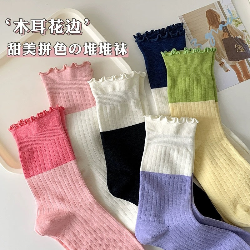 Cute Colorblock Ruffled Cotton Crew Socks for Women