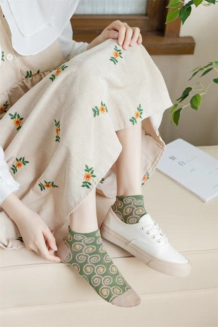 Vintage Floral Ankle Socks | Breathable Cotton Socks for Women