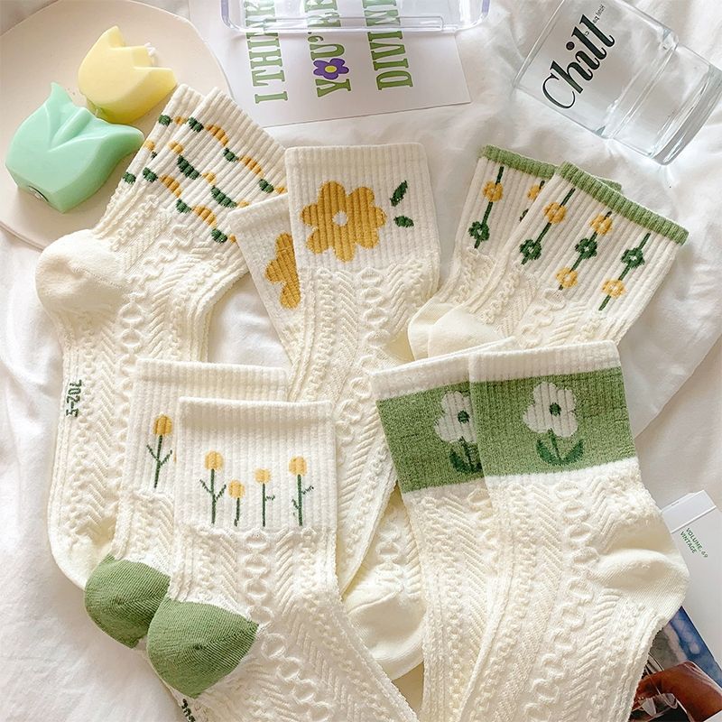 Cotton Floral Crew Socks for Women | Green Patterned Casual Socks