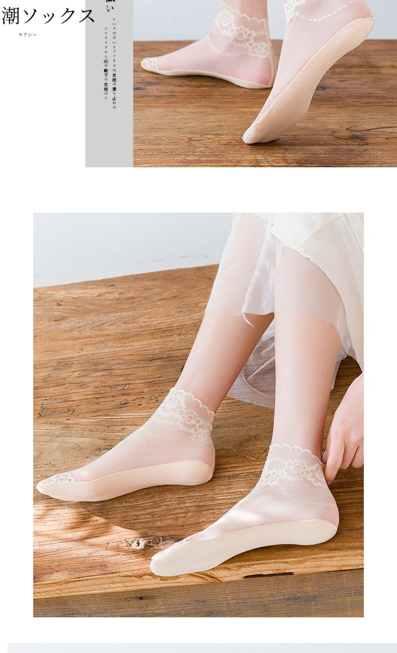 Lace Trim Ankle Socks for Women | Cotton Sole Sheer Mesh Socks