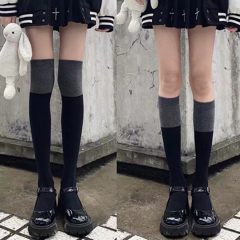 Women's Black Grey Color Block Knee Socks | Trendy Everyday Wear