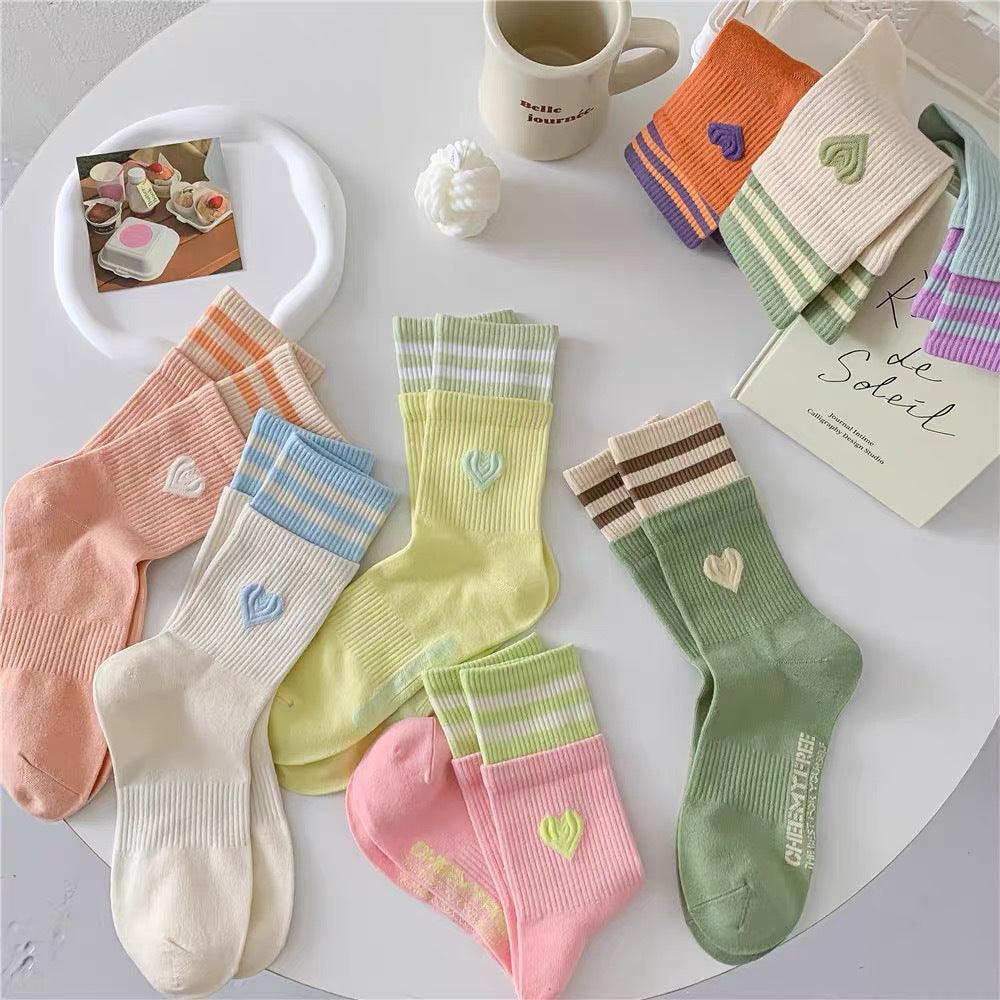 Cute Heart Striped Crew Socks | Athletic Socks for Women