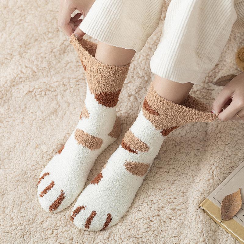 Fuzzy Cat Paw Cozy Crew Socks | Warm Winter Lounge Socks