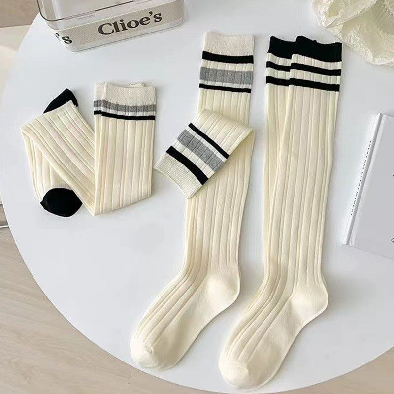 Striped Calf High Socks for Women | Cream Striped Casual Crew