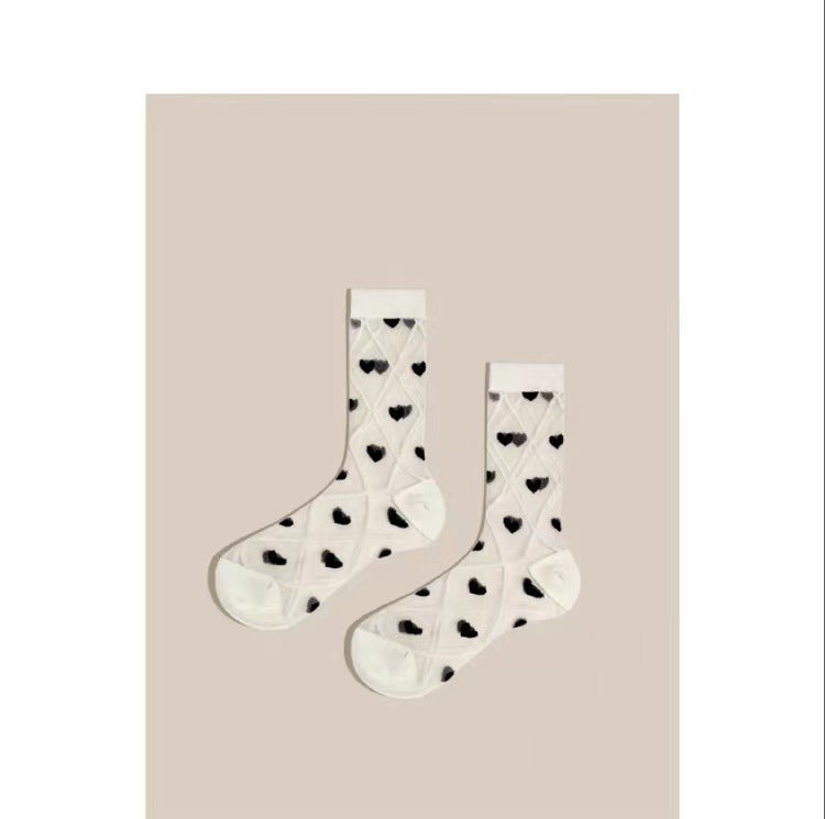 Sheer Heart Pattern Crew Socks | Sweet Transparent Summer Socks