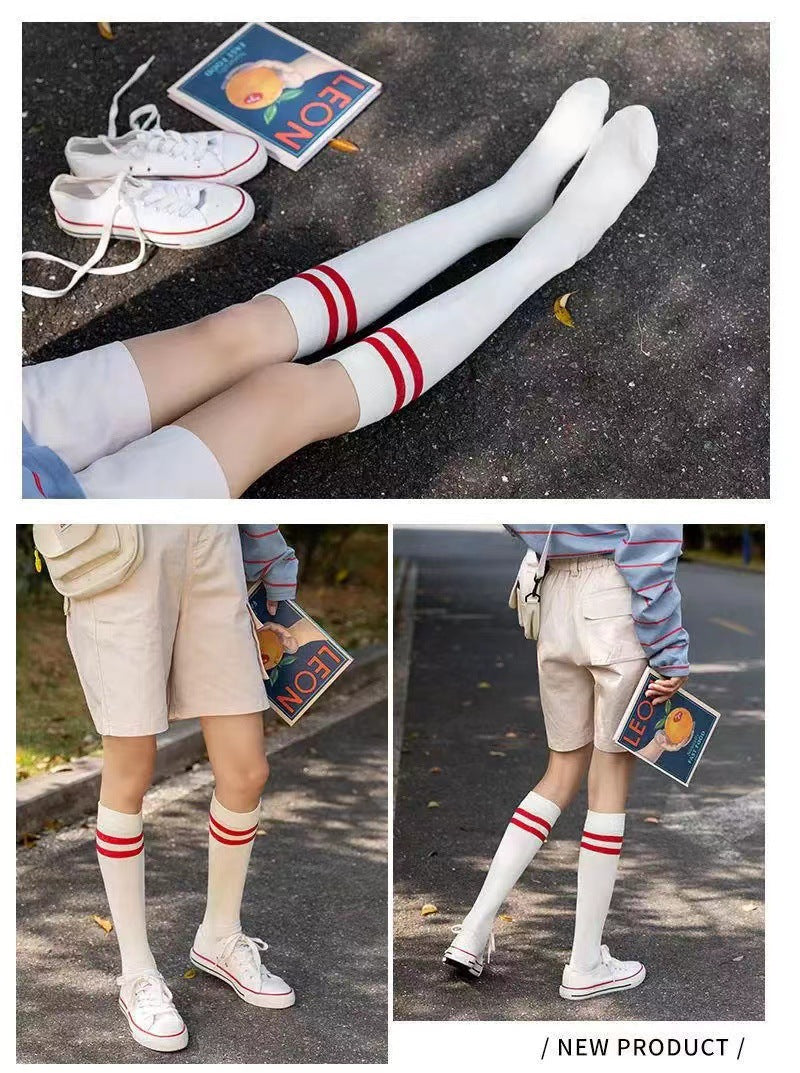 Two-Stripe Athletic Calf Socks | Breathable Cotton Retro Sports Socks