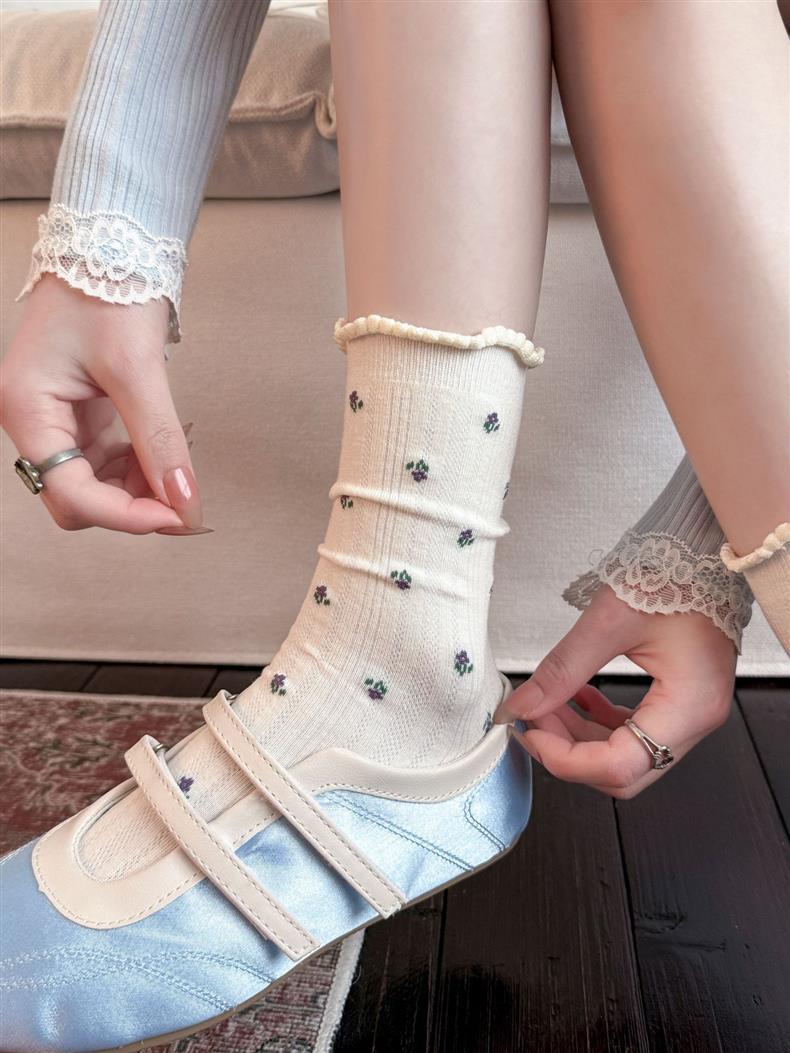 Floral Ruffle Crew Socks for Women | Thin Breathable Spring Socks