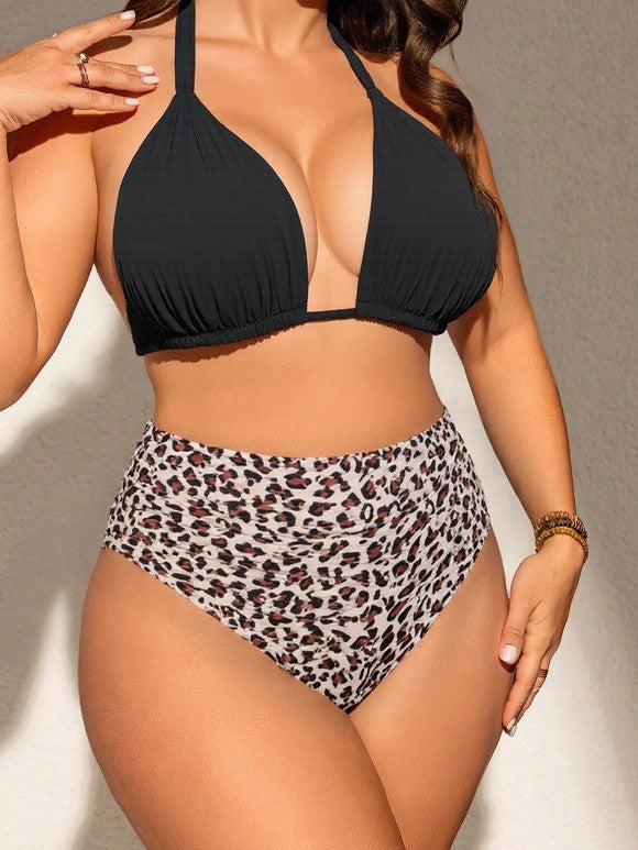 Plus Size Deep V Halter Bikini Set | Black Leopard Swimwear