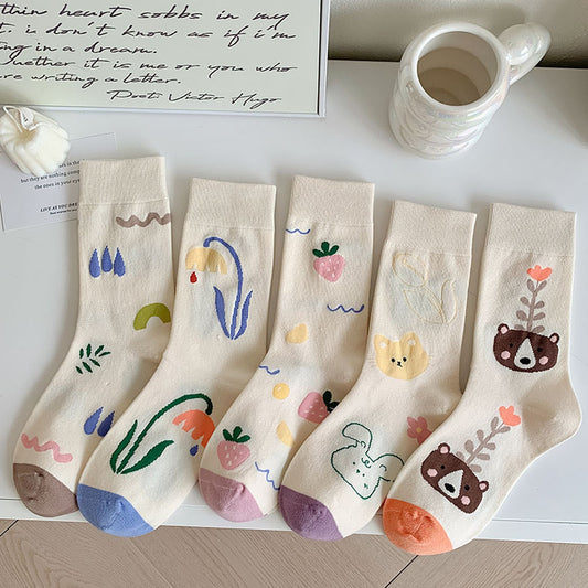 Cute Cream Novelty Crew Socks for Women | Casual Patterned Socks