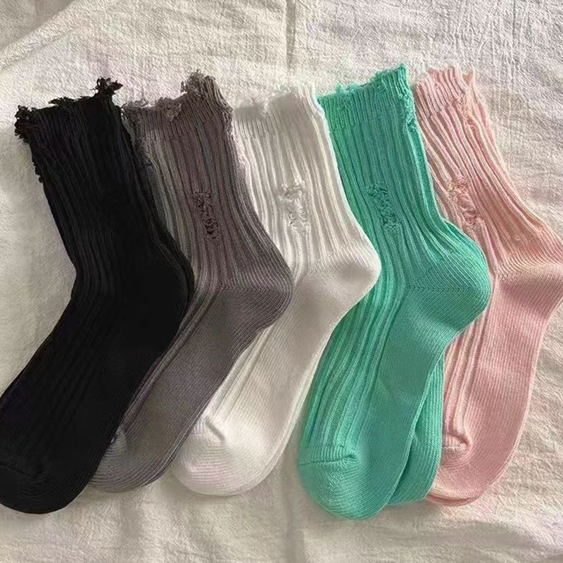 Distressed Ripped Crew Socks | Trendy Cotton Casual Everyday Socks