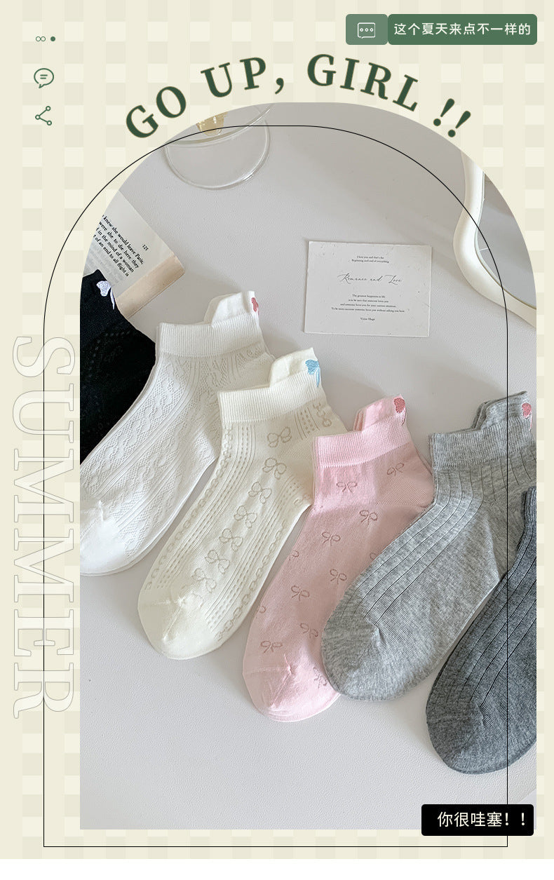 Women's Embroidered Bow Mesh Ankle Socks | Breathable Summer Socks