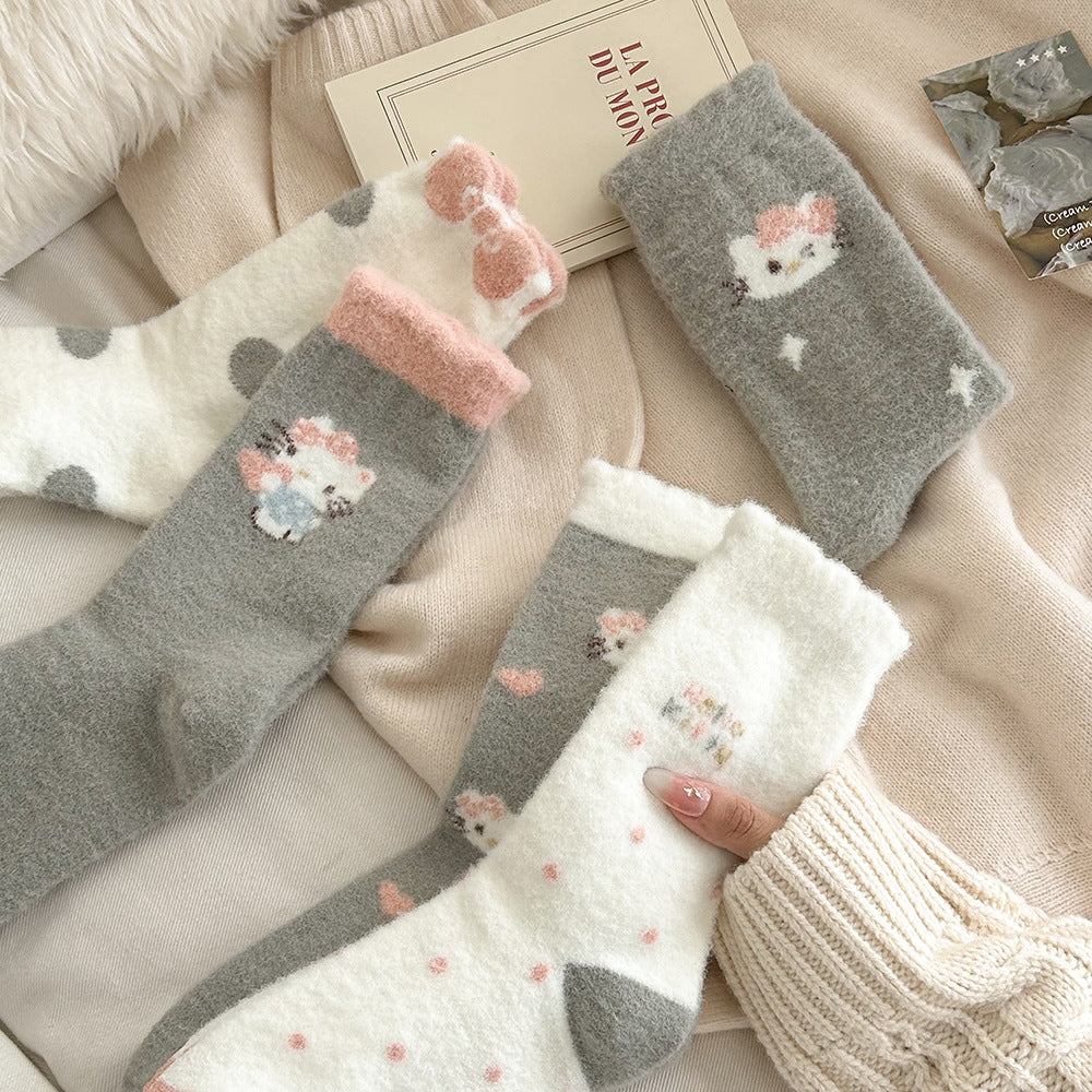 Cute Fuzzy Cozy Crew Socks | Hello Kitty Winter Socks for Women