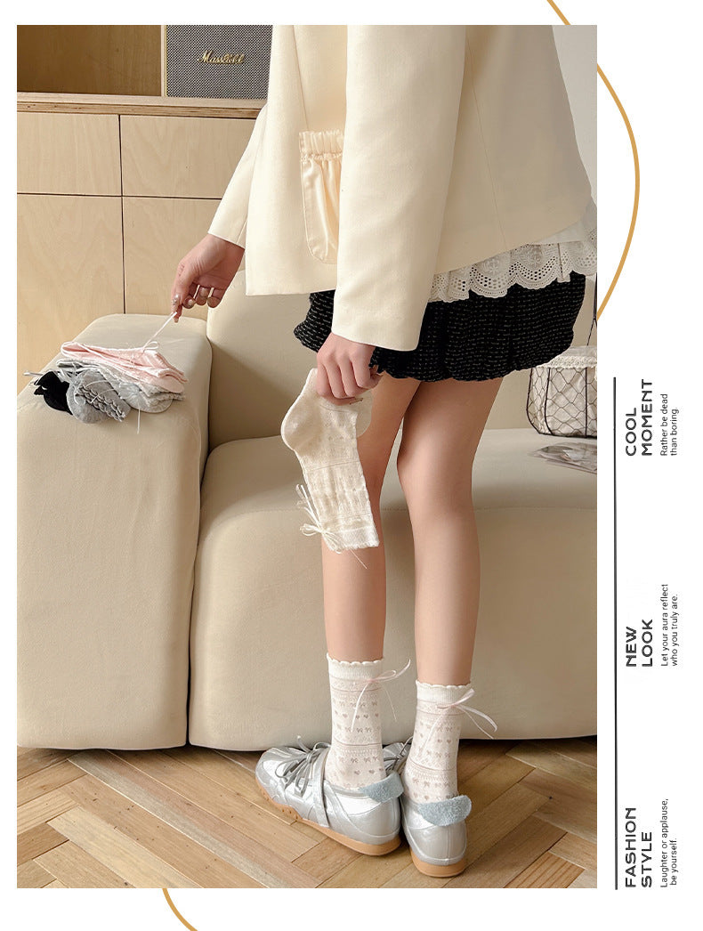 Sheer Cotton Crew Socks for Women | Bow Back Lace Trim