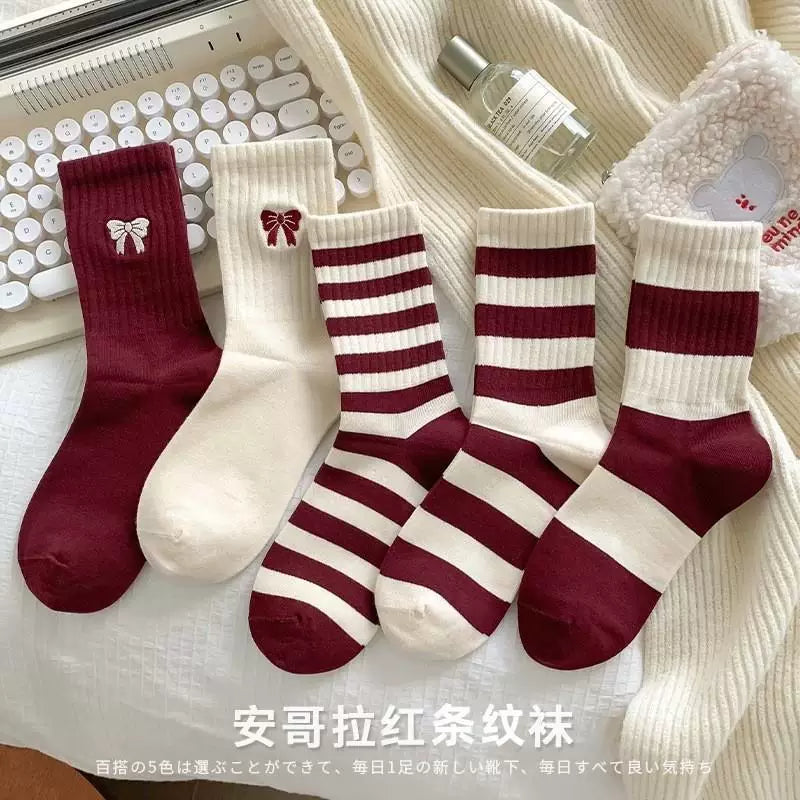 Women's Burgundy Striped Crew Socks | Soft Cotton Casual Socks