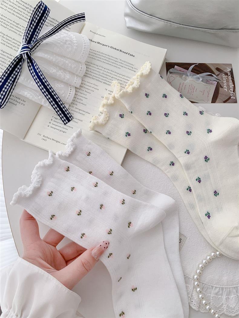 Floral Ruffle Crew Socks for Women | Thin Breathable Spring Socks