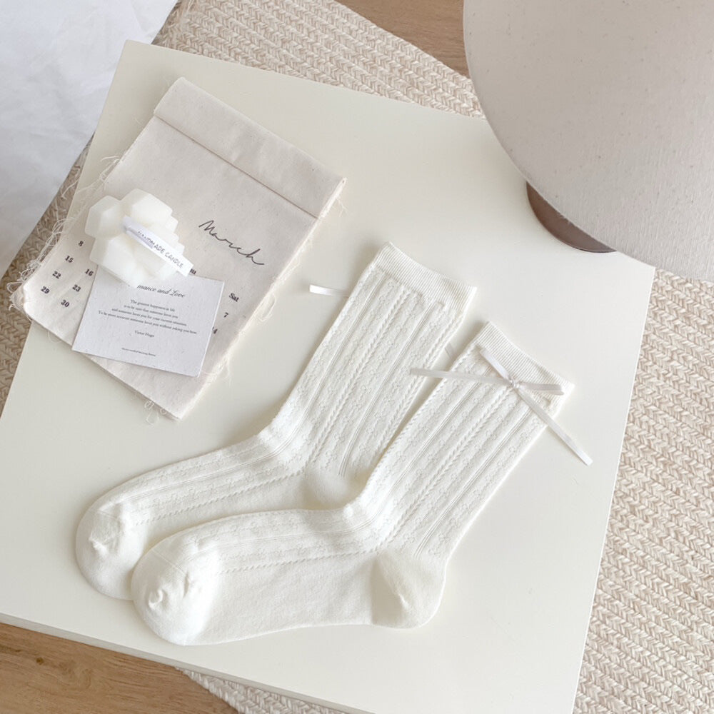 White Bow Crew Socks for Women | Breathable Summer Mid-Calf Socks