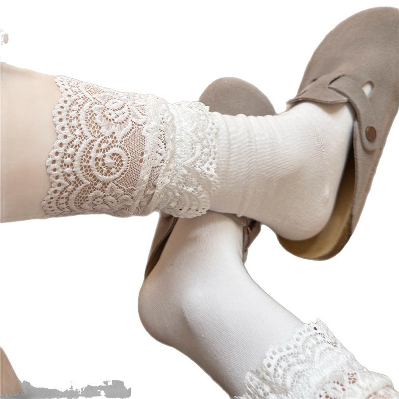 Lace Top Crew Socks for Women | Breathable Thin Mid Calf Socks