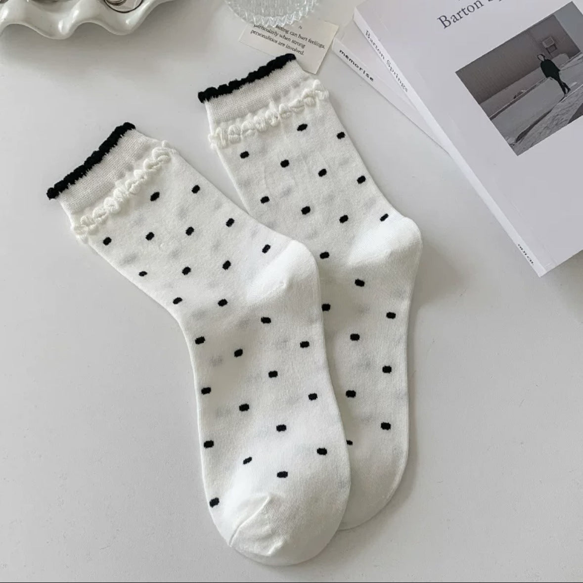 Polka Dot Cotton Crew Socks for Women | Ruffled Lace Trim