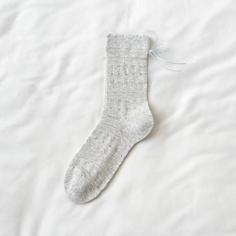 Sheer Cotton Crew Socks for Women | Bow Back Lace Trim