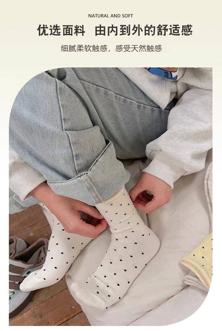 Polka Dot Cotton Crew Socks | Women's Rolled Edge Mid Calf Socks