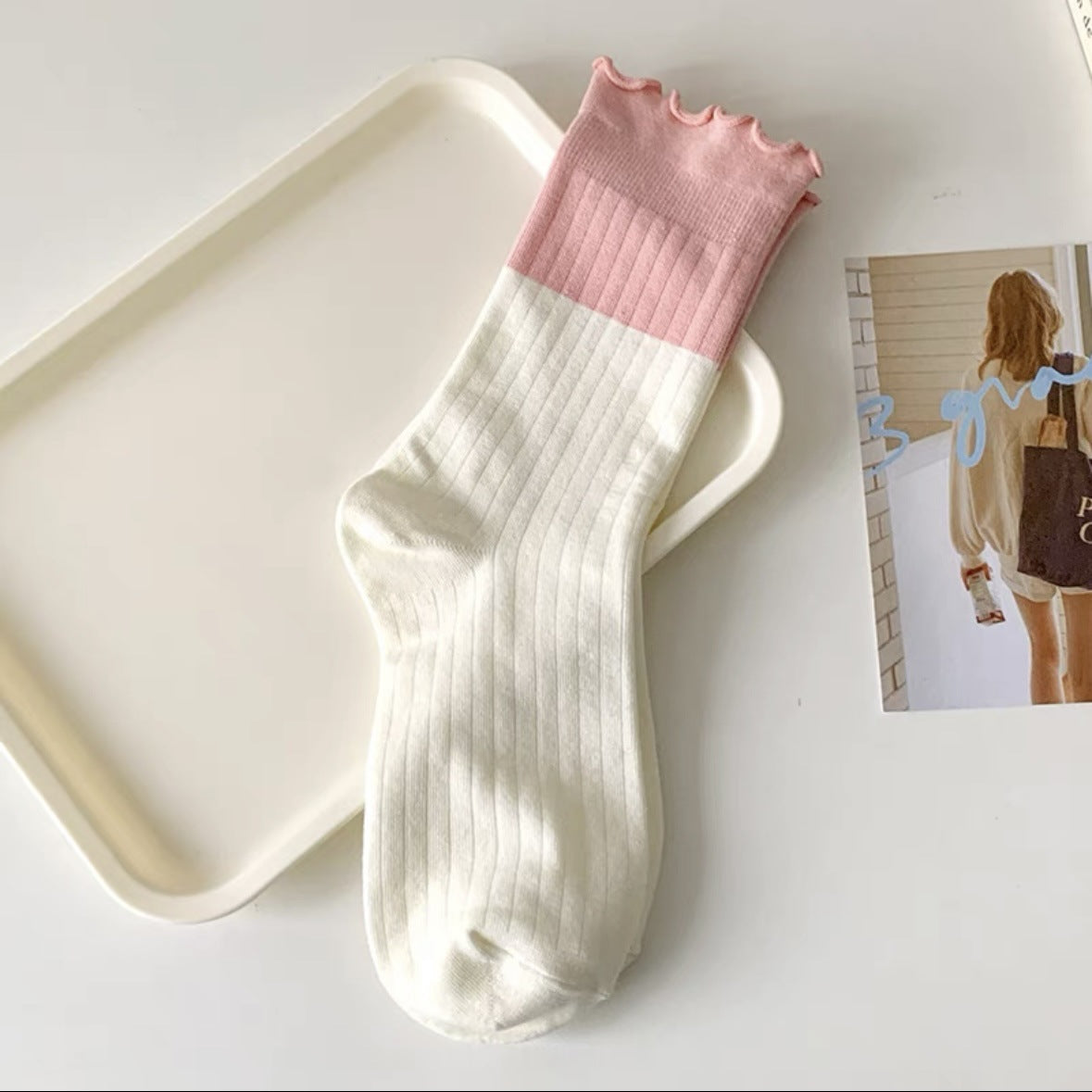 Cute Colorblock Ruffled Cotton Crew Socks for Women
