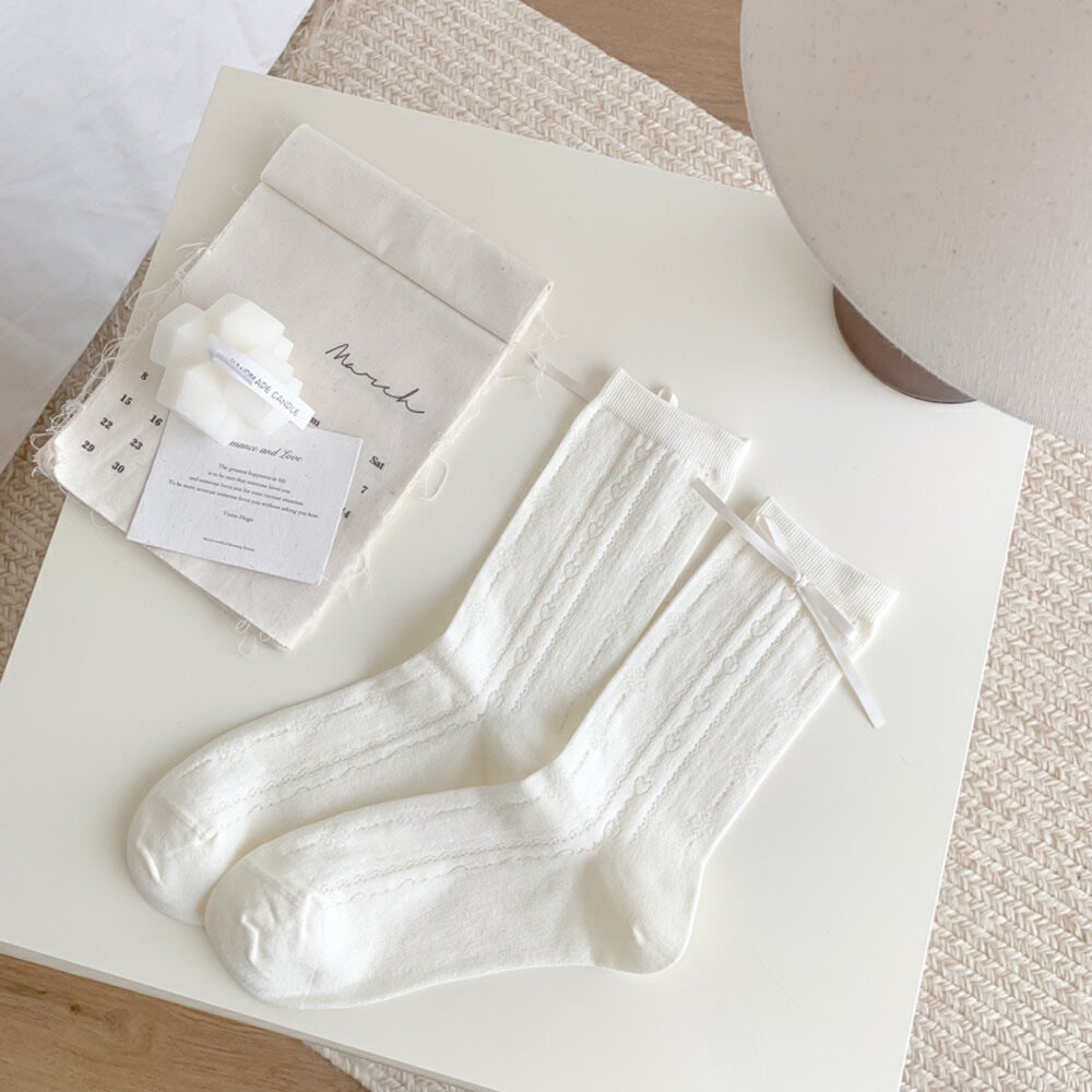 White Bow Crew Socks for Women | Breathable Summer Mid-Calf Socks
