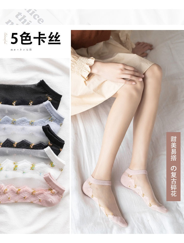 Sheer Floral Ankle Socks for Women | Breathable Cotton Sole Summer Socks