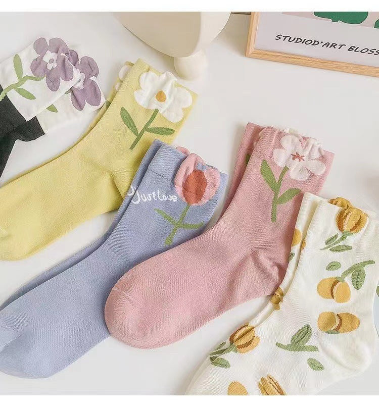 Floral Patterned Crew Socks for Women | Soft Cotton Casual Socks