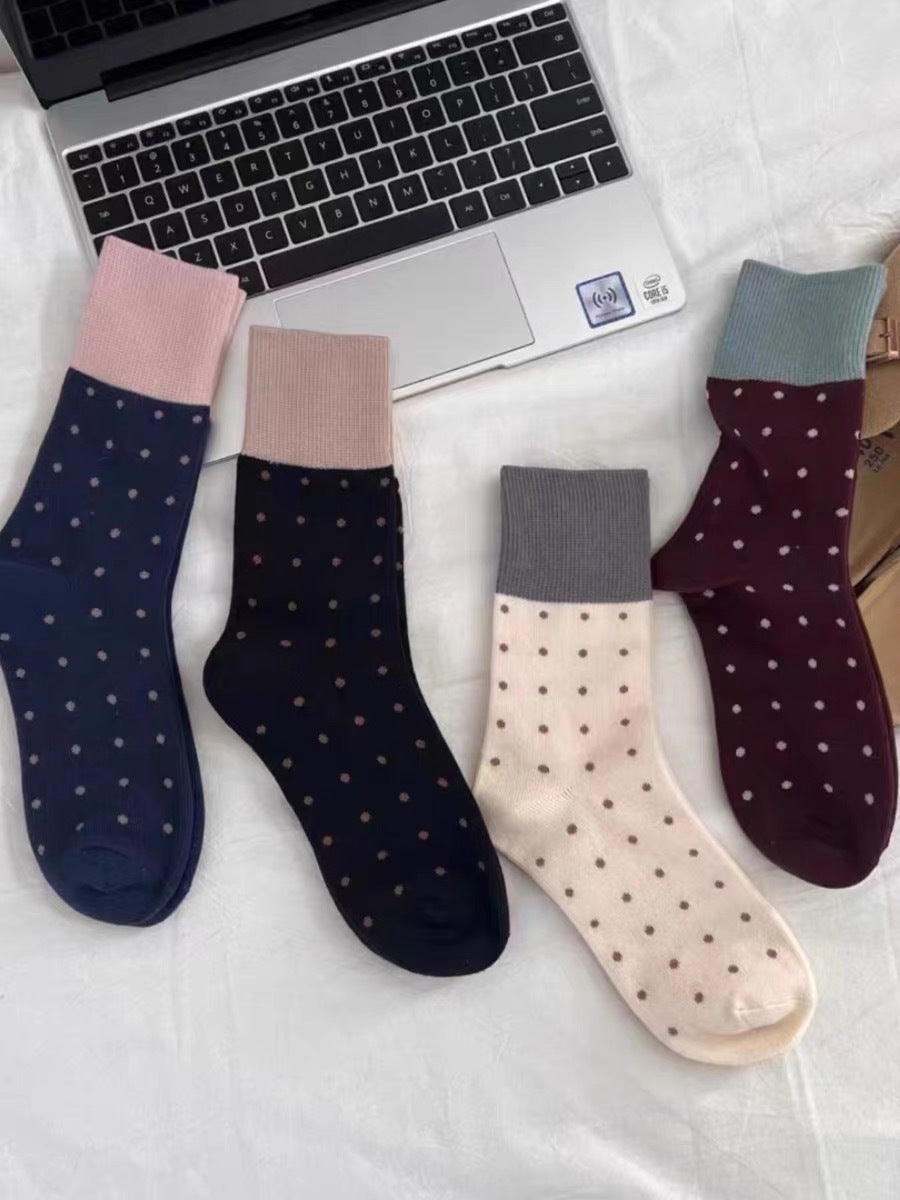 Retro Polka Dot Colorblock Crew Socks for Women