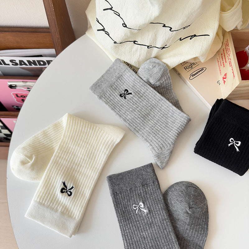 Embroidered Bow Cotton Crew Socks for Women | Casual Everyday Socks