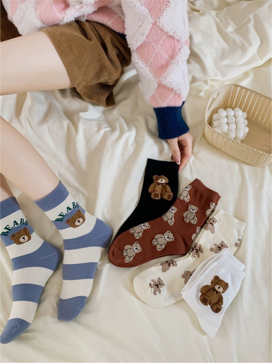 Cute Bear Print Women's Crew Socks | Casual Cotton Novelty Socks
