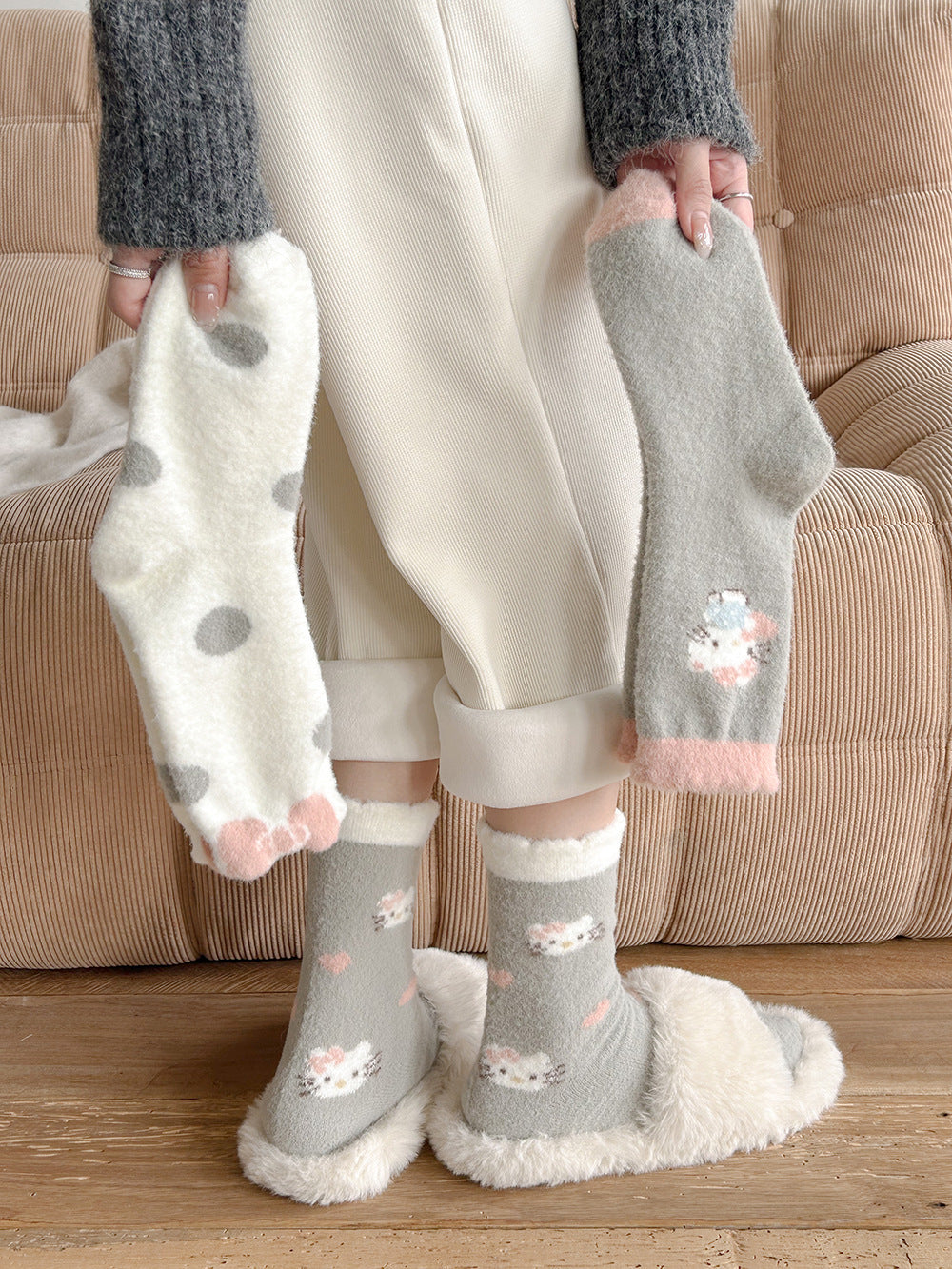 Cute Fuzzy Cozy Crew Socks | Hello Kitty Winter Socks for Women