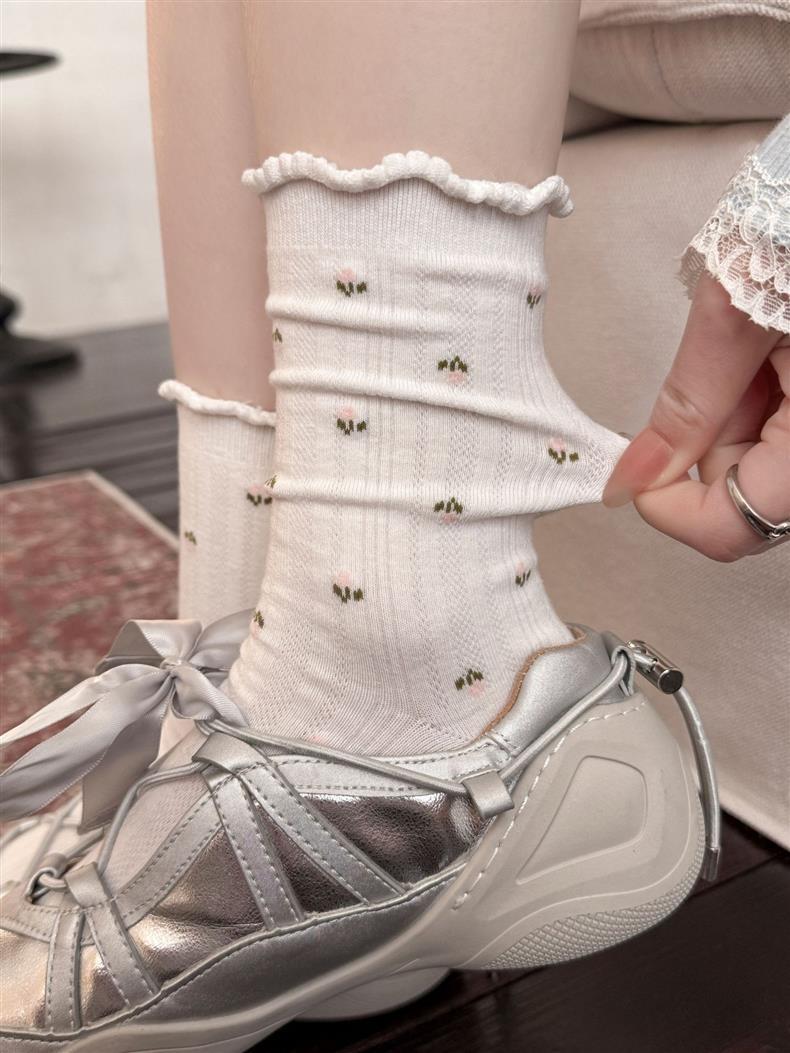 Floral Ruffle Crew Socks for Women | Thin Breathable Spring Socks