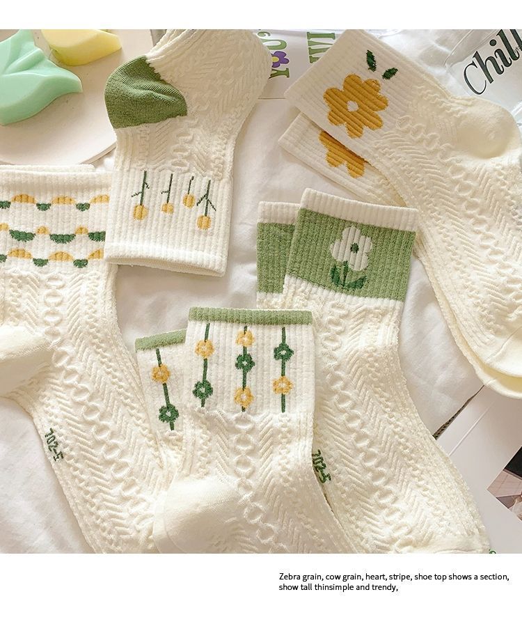 Cotton Floral Crew Socks for Women | Green Patterned Casual Socks