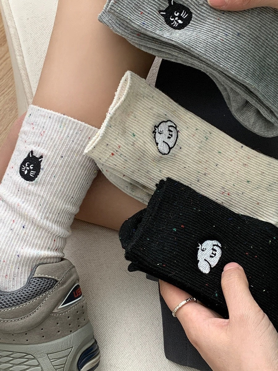 Speckled Embroidered Cotton Crew Socks for Women