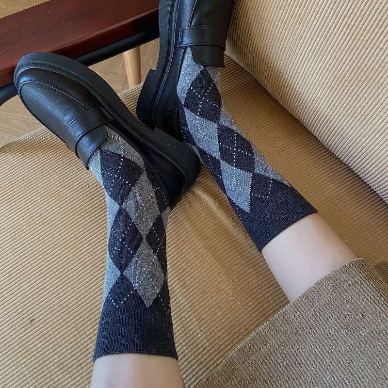 Vintage Argyle Crew Socks for Women | Retro Patterned Mid-Calf Socks