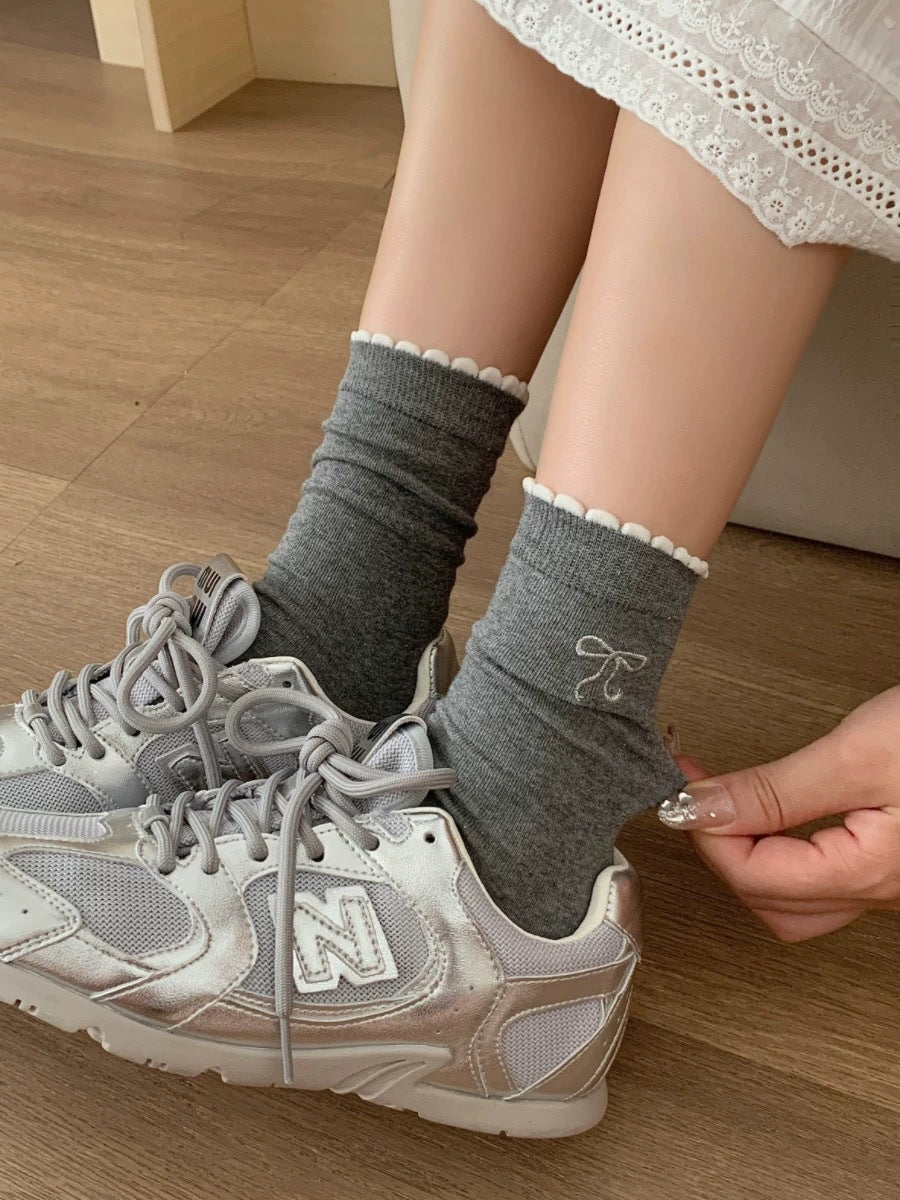 Embroidered Bow Cotton Crew Socks | Ruffle Trim Ballet Style for Women