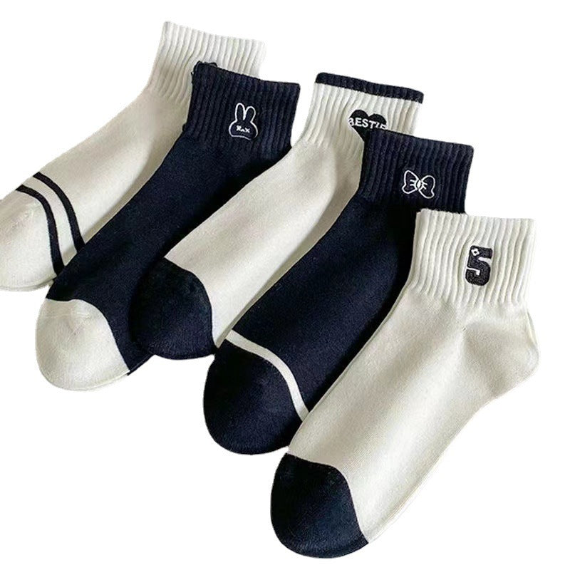Embroidered Ankle Socks for Women | Black White Cotton Casual Socks