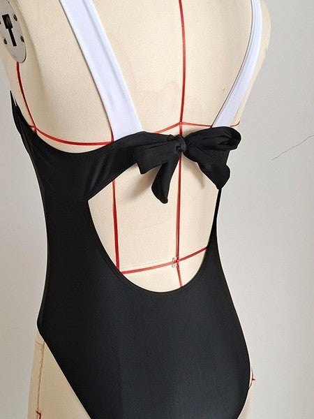 Black Contrast Sexy One-Piece Swimsuit | Slimming Vacation Swimwear