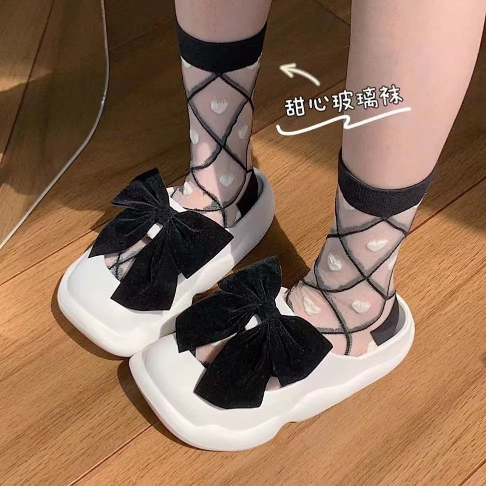 Sheer Heart Pattern Crew Socks | Sweet Transparent Summer Socks