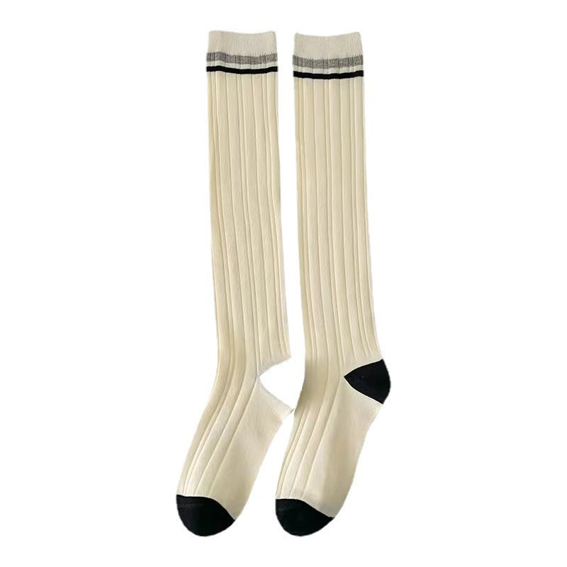 Striped Calf High Socks for Women | Cream Striped Casual Crew