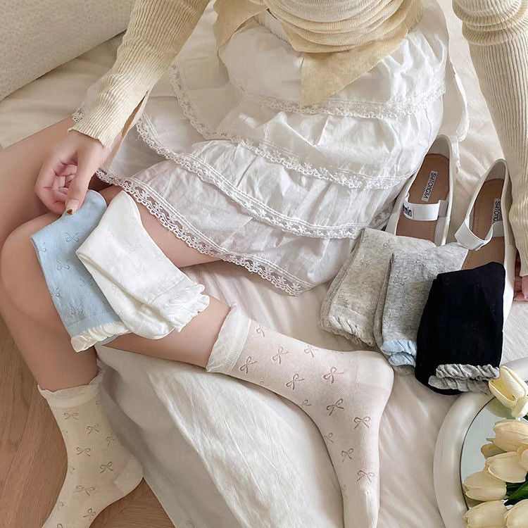 Ruffled Bow Cotton Crew Socks | Balletcore Socks for Women